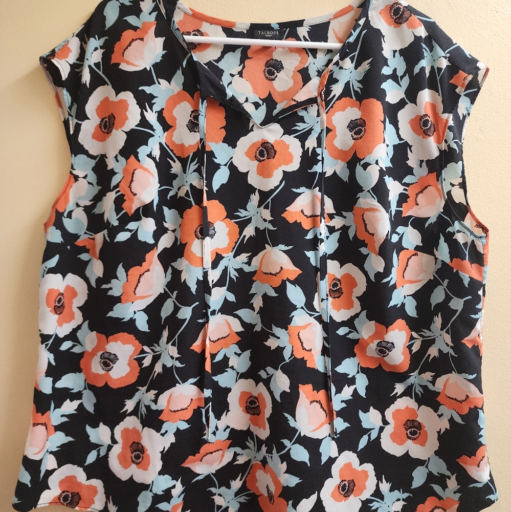 Talbots Poppy Floral Sleeveless Blouse Top Womens 18W Black Multicolor Casual